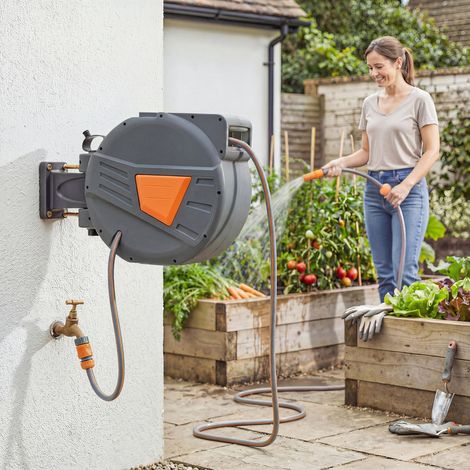 Enrouleur de tuyau rétractable 20 + 1,6 m avec buse à 2 modes, verrouillage automatique, rétraction contrôlée, support orange (1/5)