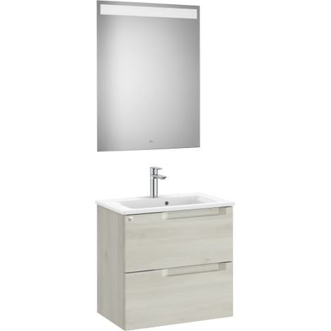 MUEBLE LAVABO 600MM ALEYDA COMPACTO 2 CAJONES + ESPEJO BLANCO MADERA
