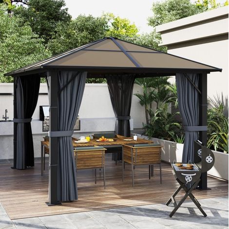 Pergola 3 x 3 m avec toit en polycarbonate, moustiquaire et rideaux, aluminium gris foncé (1/5)