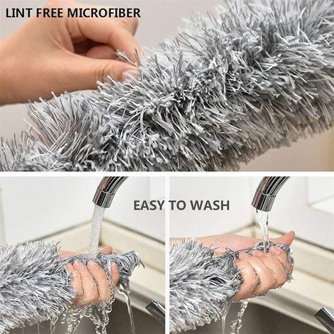 Plumeau en microfibre avec manche extensible et tête flexible, idéal pour nettoyer ventilateurs de plafond, claviers et meubles. (1/5)