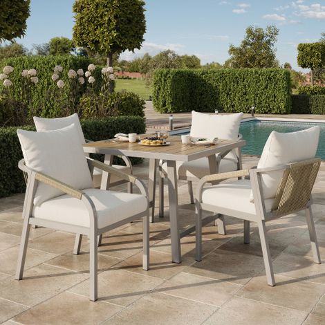 Garten-Essgruppe,Gartenmöbel-Set,Geeignet für 4 Personen, bestehend aus 1 Tisch und 4 Stühlen, verzinktem Stahlrohr, Tischplatte aus Kunststoffholz, geflochtenem Seildesign, Khaki + Beige