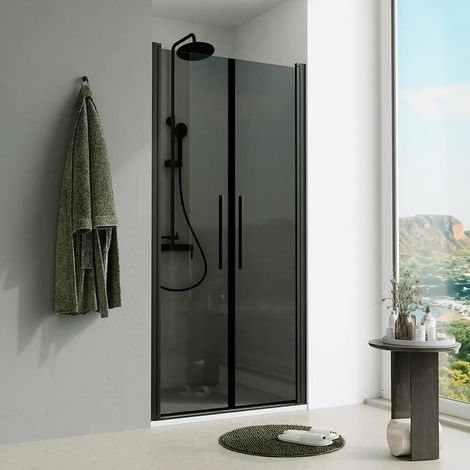 Porta doccia 80cm apertura saloon con profili nero opaco e vetro da 6mm fum h195 Elba (1/4)