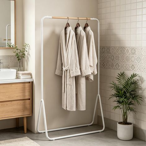 MEUBLIV Portant a vetements sur pied blanc 80x45x145 cm avec barre effet bois (1/5)