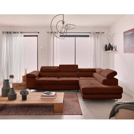 Bestmobilier – Canapé d'angle droit convertible 5 places – Coffre de rangement – Têtières réglables – Velours côtelé 100% polyester – Dimensions L275 x P202 cm