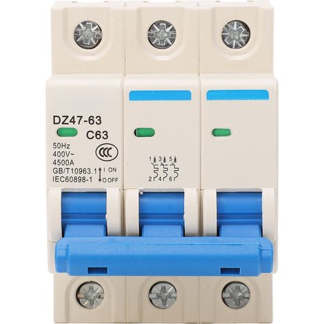 Miniatur-3-poliger 63-A-DIN-Schienen-Leistungsschalter mit Überlastschutz, 400 V Wechselstrom, 50 Hz (1/5)