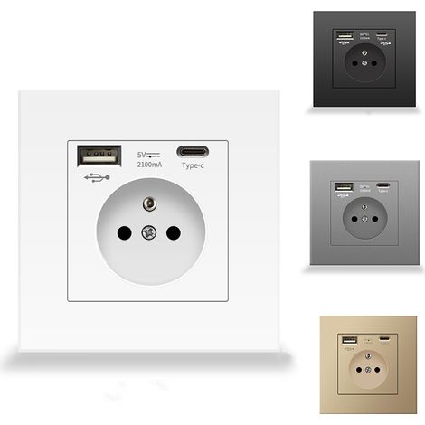 Prise murale française avec ports USB et Type-C, Prise de courant encastrable – Double prise avec chargeur rapide – Protection anti-surchauffe – Idéale pour bureau à domicile, chambre, salon (1/5)