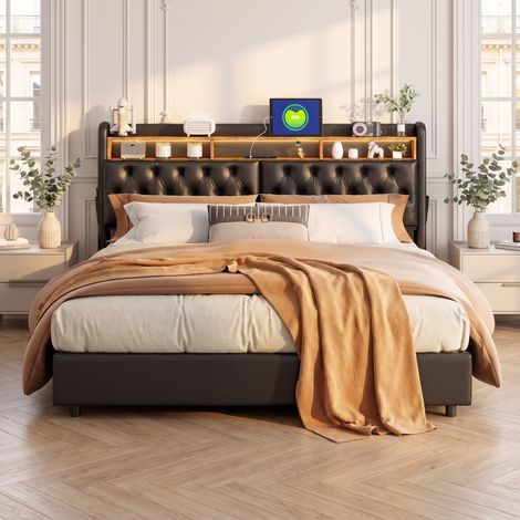 Lit Coffre 180x200 cm avec LED, Tête de Lit Rembourrée avec Étagères et Port USB, Poche de Rangement Latérale, lit capitonné en similicuir - Noir (1/5)