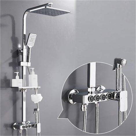 Ensemble de douche mitigeur thermostatique intelli Ensemble de douche numérique chaud et froid robinet système de douche de salle de bains robinet de douche en or noir pommeau de douche carré système (1/5)