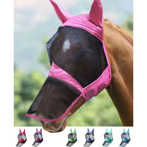 Masque Anti-Mouches Lumineux pour Cheval, Grand Espace oculaire, Long Nez avec Oreilles, Protection UV pour Cheval, Rose (L) (1/5)