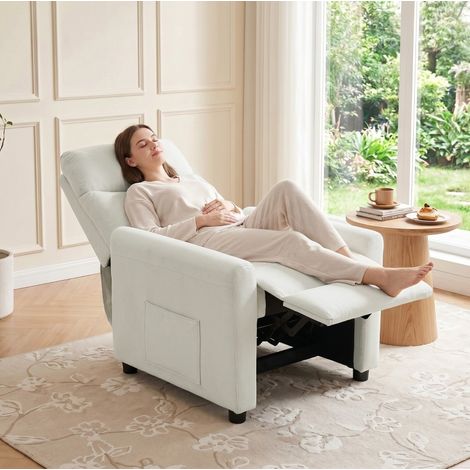 Sillón relax reclinable para salón con reposapiés, 145°, bolsillos laterales, blanco crema HAVRYA (1/5)