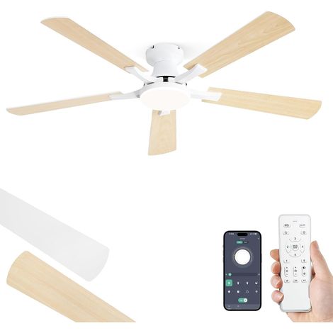 Ventilateur de Plafond avec Lumière 132 cm, Ventilateur Silencieux avec Télécommande et App, Plafonnier Ventilateur Design Plat, LED 20W Dimmable, Moteur DC Réversible, Blanc/Bois (1/5)
