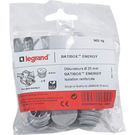 Legrand – Lot de 8 obturateurs pour boîte à encastrer Ecobatibox Ø25mm – Étanchéité air – Limite flux d'air indésirable jusqu'à 90% – Matériau souple et résistant (1/2)