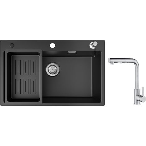 Cecipa Lavello 1 Vasca con Cestello di Scarico e Dispenser Sapone, Lavello in Quarzo e Resina 70x45 cm + Miscelatore da Cucina con Doccetta Estraibile - 2 Getti a Scelta - Spazzolato (1/5)