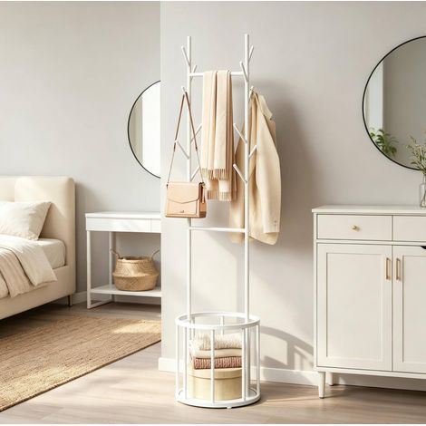 Portemanteau sur pied 41 x 41 x 175 cm en métal blanc avec panier de rangement - CHICFURN (1/4)
