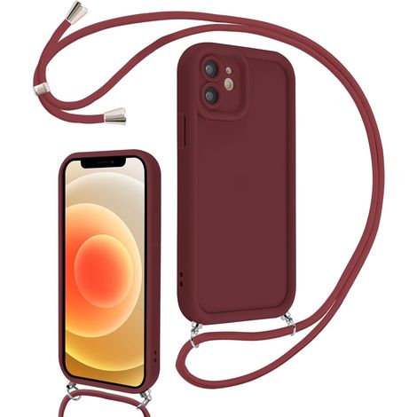 Coque pour iPhone 12 Mini 5,4" avec Cordon de Collier Réglable, Etui Protection de la Caméra Silicone Souple TPU Antichoc Housse avec Corde Lanyard Cover pour Femmes Filles, Rouge (1/5)