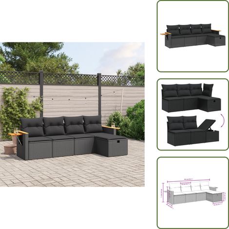 The Living Store Salon de jardin 5 pcs avec coussins noir résine tressée - Ensemble Salon De Jardin - Mobilier Extérieur - Canapé Jardin - Chaise Lounge - Set Salon De Jardin