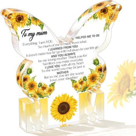 Plaque Acrylique - Forme Papillon Avec Motif Tournesol - Pour Maman - 15 x 15 x 1,4 cm - Cadeau Pour Fête Des Mères, Noël, Anniversaire, Thanksgiving (1/5)