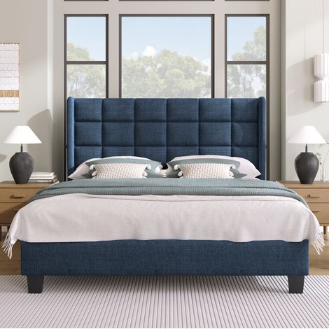 Letto matrimoniale imbottito in lino blu 140x200 cm con rete a doghe inclusa e testiera alta (1/5)