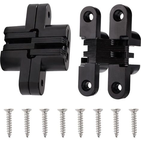 Pieces 68.5mm Concealed Cross Hinges, Invisible Hinges for 180 Degree Folding Doors, Zinc Alloy Invisible Hinges, with 8 Screws, for Cabinet Doors and Furniture, Black (1/4)