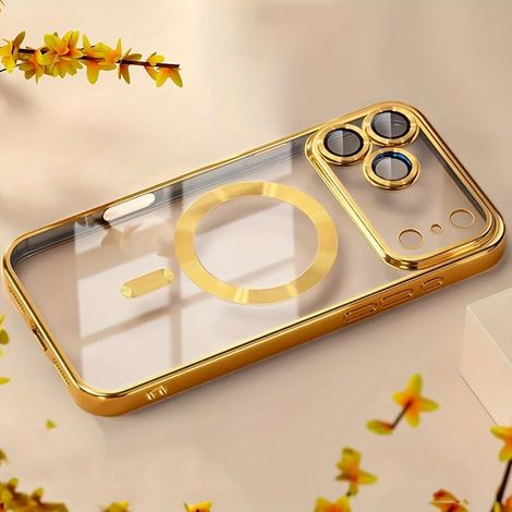 Coque magnétique transparente MagSafe pour iPhone 16e Or, protection d'objectif, plaquée or. (1/3)