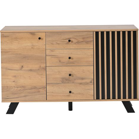 Buffet de salon 1203875 cm, meuble ajouré avec 4 tiroirs, table d’appoint avec 2 placards, commode de 120 cm de large, polyvalente, meuble de salon avec 5 pieds en bois massif, couleur bois (1/5)