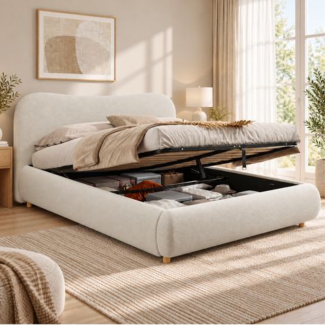 MODFU – Lit coffre 180x200 cm bouclé – Coffre hydraulique et tête rembourrée – Sommier lattes et charge 220 kg – Chambre – Blanc (1/5)