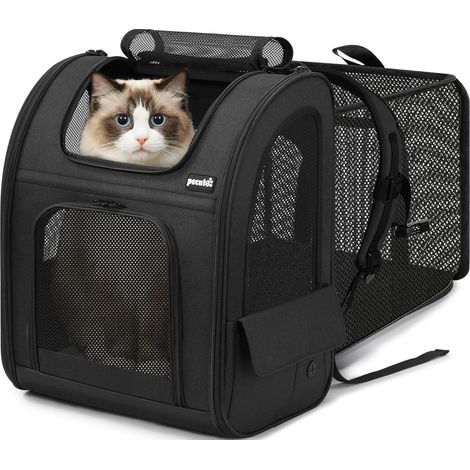 Sac Transport Chat Chiots Extensible Sac Dos pour Chien Petit Animal avec Matelas en Peluche Amovible, Filet Respirant, Spacieux, Pliable, pour Voyage en Train/Voiture/Restaurant (1/5)
