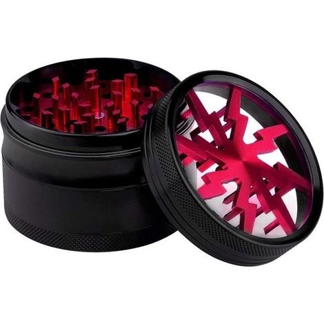 (Nero e Rosso) Macinino per impollinatori da finestra – Design a fulmine – Macinino in alluminio per erbe aromatiche, spezie e tabacco – Diametro 60 mm – Set da 4 pezzi – Nero e rosso – Idea regalo (1/4)