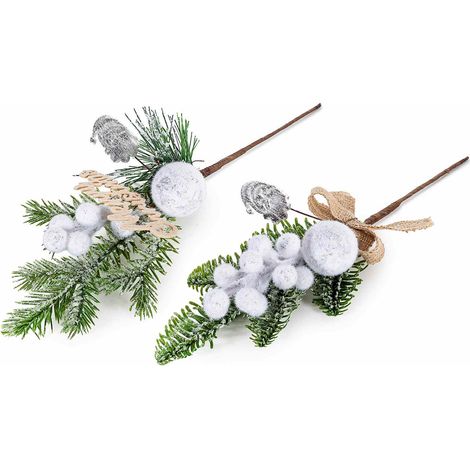 Rametti pick di pino innevato con bacche bianche, decoro natalizio, scritta Merry Christmas e fiocco in juta, set da 16 pezzi, cm 19 H (con gambo 32)