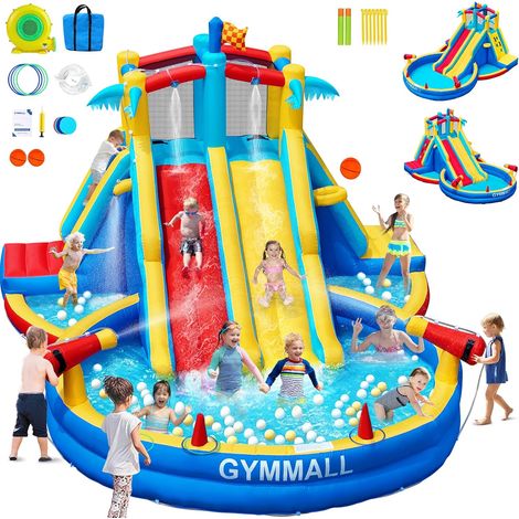 Inflatable Castle Water Slide Fan 550W, 8-in-1 Water Feature Inflatable Pool Indoor Outdoor Double Slide Wall Climbing Basket Basket Backyard Garden (1/5)