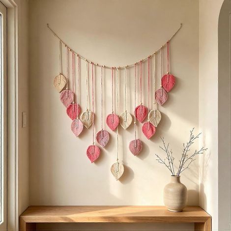 Décoration murale macramé bohème, guirlande pompons perles bois feuilles tissée main rose pour salon chambre anniversaire (1/5)