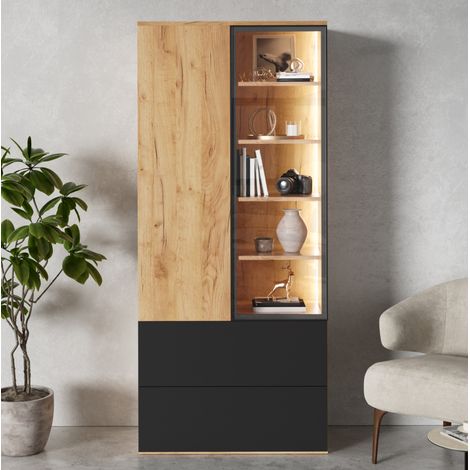 Vitrine LED avec verre, 2 portes, 2 tiroirs et 6 étagères réglables 70x35x160 cm OKWISH (1/5)