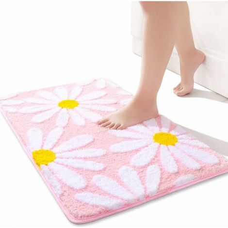 50 x 80 cm, pink Cute daisy bathroom mat - Non-slip - Washable - White and yellow flower pattern - Soft microfiber - Absorbent (1/5)