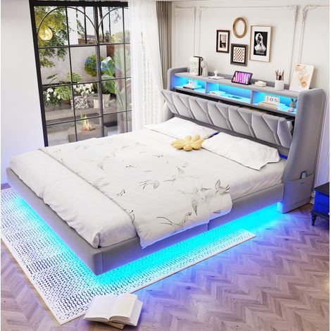 letto matrimoniale 180x200 USB LED velluto grigio smart HAVRYA (1/5)