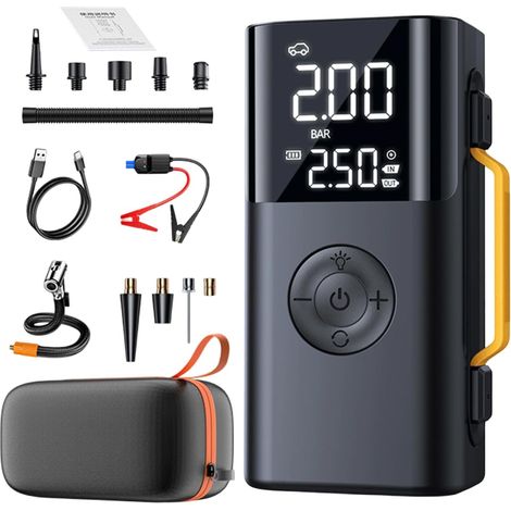 Démarreur de Batterie avec Compresseur d'air,Chargeur Et Démarreur De Batterie 10000mAh - Pompe à Gonfleur de Pneus avec Affichage Numérique,pour Voitures Moto Camping Voyage Garage (1/5)