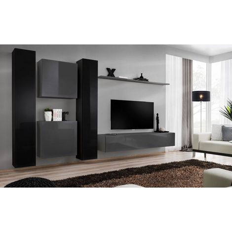 Ensemble mural - Switch VI - 2 vitrines verticales - 1 vitrine carrée - 1 banc TV - 1 étagère - Noir et graphite - Modèle 2 - Livraison gratuite