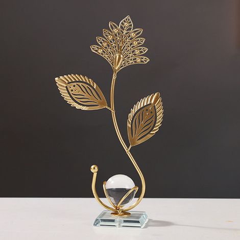Esfera decorativa nórdica de cristal sobre una base metálica decorada con hojas: adorno de hierro y cristal para la oficina, el salón o el estudio. (1/5)
