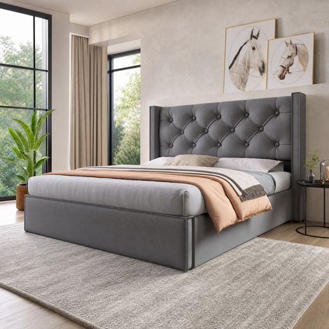 Letto imbottito 140x200 cm in cotone grigio con contenitore, senza materasso – MEUBLIV (1/5)