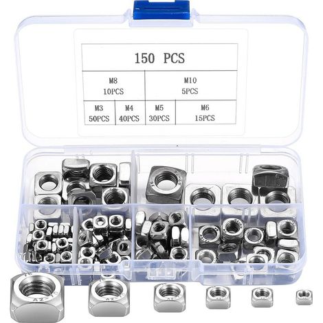 Ensemble de 150 écrous carrés en acier inoxydable, écrous à filetage carré, écrous de fixation, lot d'écrous encastrés pour meubles en bois M3 M4 M5 M6 M8 M10 (Argent) (1/5)