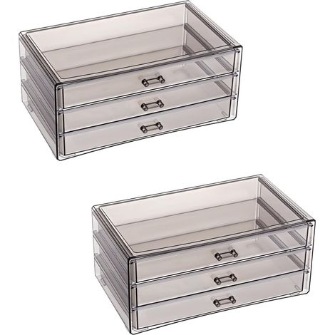 2 ensemble de Rangement à Bijoux à 3 tiroirs Organisateur de Maquillage en Plastique Transparent de 23.2x14x10.6cm Boîte de Rangement à Bijoux pour Commode Salle de Bains Vanité (Gris) (1/5)