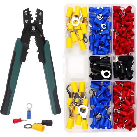 Confezione da 200 capicorda a cricchetto – Pinza crimpatrice professionale per connettori isolati da 0,5 a 6 mm² – 8 modelli – Pinza crimpatrice ergonomica per lavori elettrici