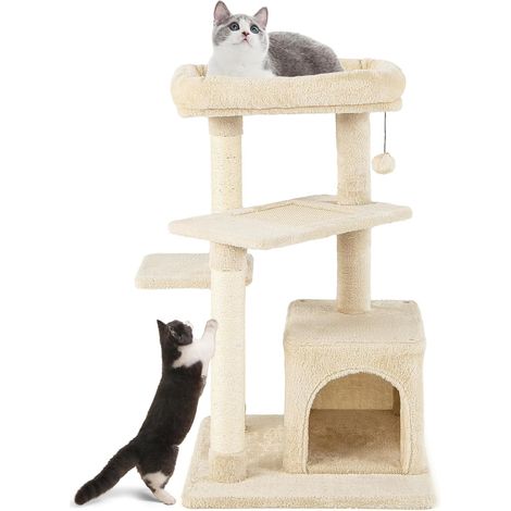 Petit Arbre à Chat 85 cm, Arbre a Chat Bois à 4 Niveaux, 3 Poteaux à Griffer en Sisal, 3 Plateformes, Condo, Tour,63x56,5x85 cm,Beige (1/5)