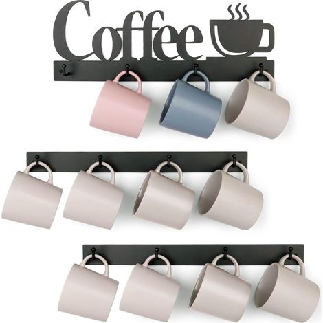 Porte-Tasses à Café Mural avec 12 Crochets Robustes et Plaque Métallique « Café », Support Antirouille pour Coin Café (1/5)