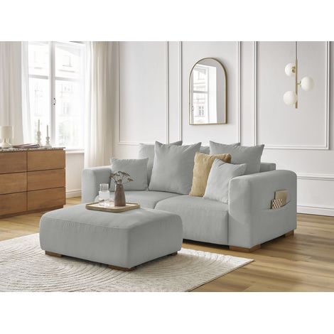 BOBOCHIC - Canapé droit fixe 2 places SIDONIE velours côtelé avec pouf Gris clair (1/5)