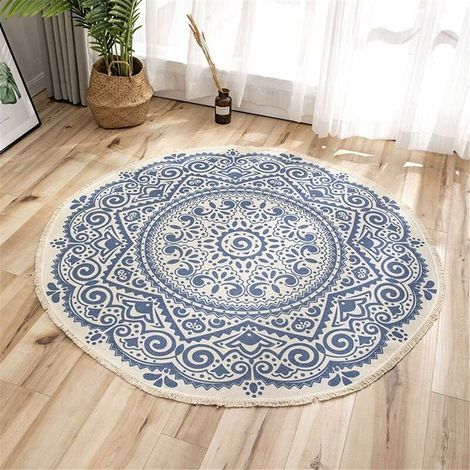 Tapis rond Mandala - En coton - Style bohème - Diamètre : 92 cm - Hauteur :-Ensoleillé (1/5)