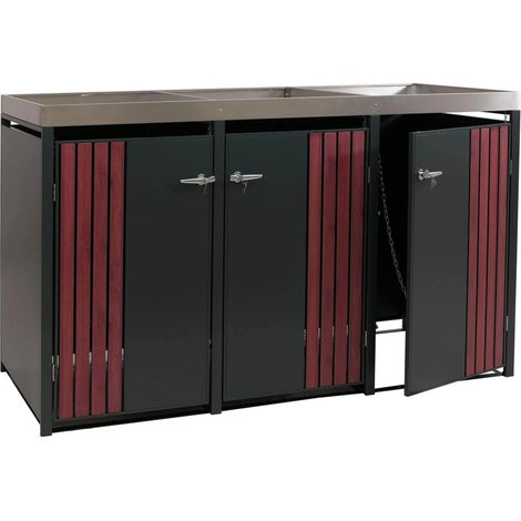 Cache-poubelles pour 3 bacs abri pour poubelles en métal avec bac à plantes 125x196x84 cm anthracite aspect bois foncé 040009317