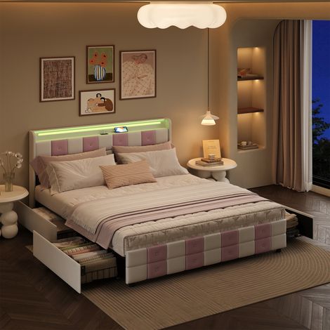 Lit à tiroirs 140x190 cm avec bande LED, ports USB, 4 tiroirs, velours blanc et rose