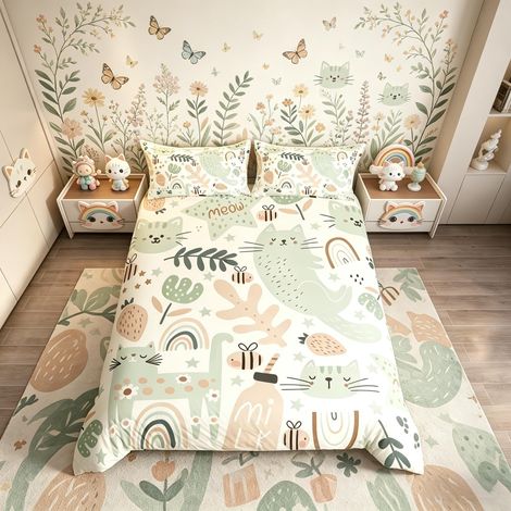 Parure de lit avec housse de couette légère à imprimé de chat et de fleurs pour enfants et tout-petits, motif chat et fleurs, pour lit double (1/5)