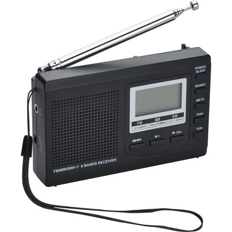 Tragbarer AM/FM/SW1-7 9-Band-Radioempfänger mit Lautsprecher und Kopfhöreranschluss, exzellentem Empfang, Digitalradio mit 12/24-Stunden-Zeitanzeige, Hintergrundbeleuchtung, Wecker, batteriebetrieben