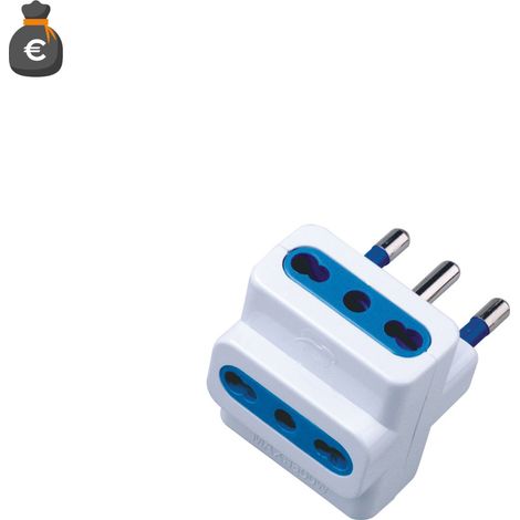 Adaptateur triple Alcapower 16A, prise italienne tripolaire 250V CA, puissance maximale 1500W, blanc, compatible avec les normes civiles italiennes.
